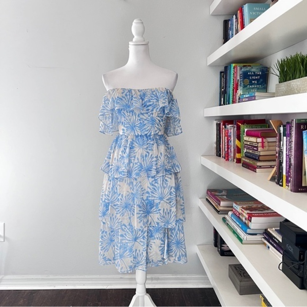 Amanda Uprichard Venezia blue & cream off shoulder midi dress size XS